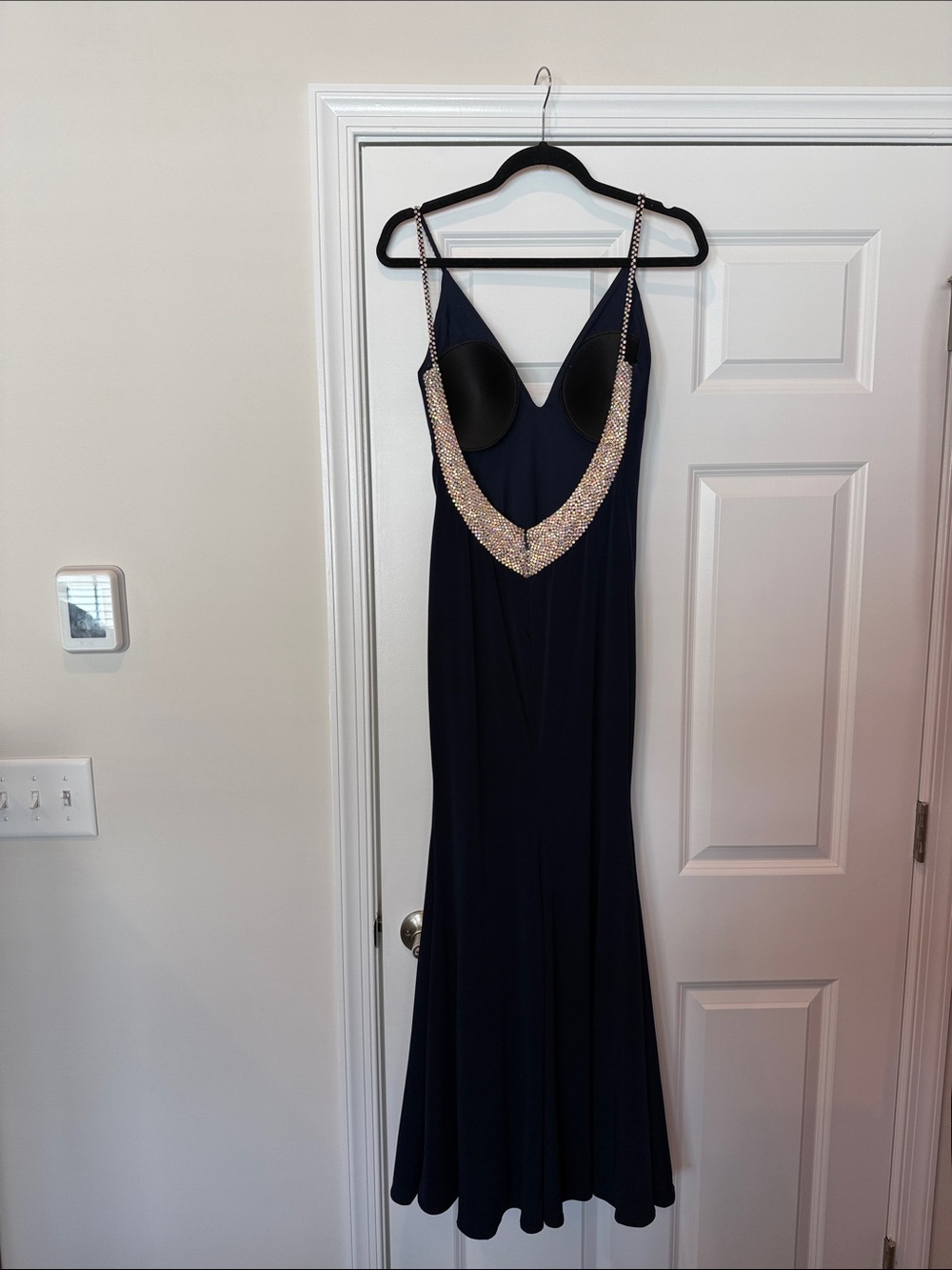 Jovani Navy V-Neck Evening Gown size 6 altered from top of strap to hem 56” - Picture 5 of 6